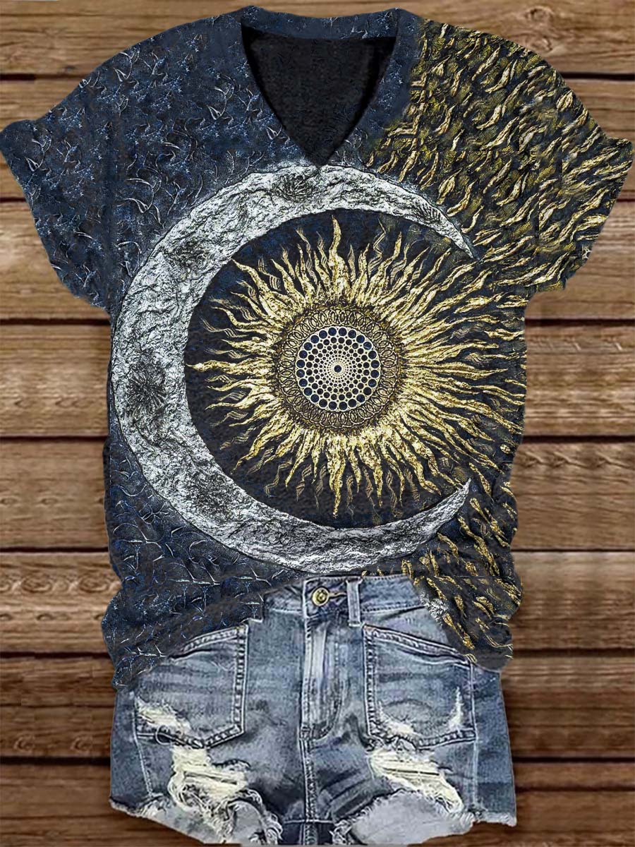 Unisex Tarot Sun and Moon Pattern Casual Round Neck Short Sleeve T-shirt