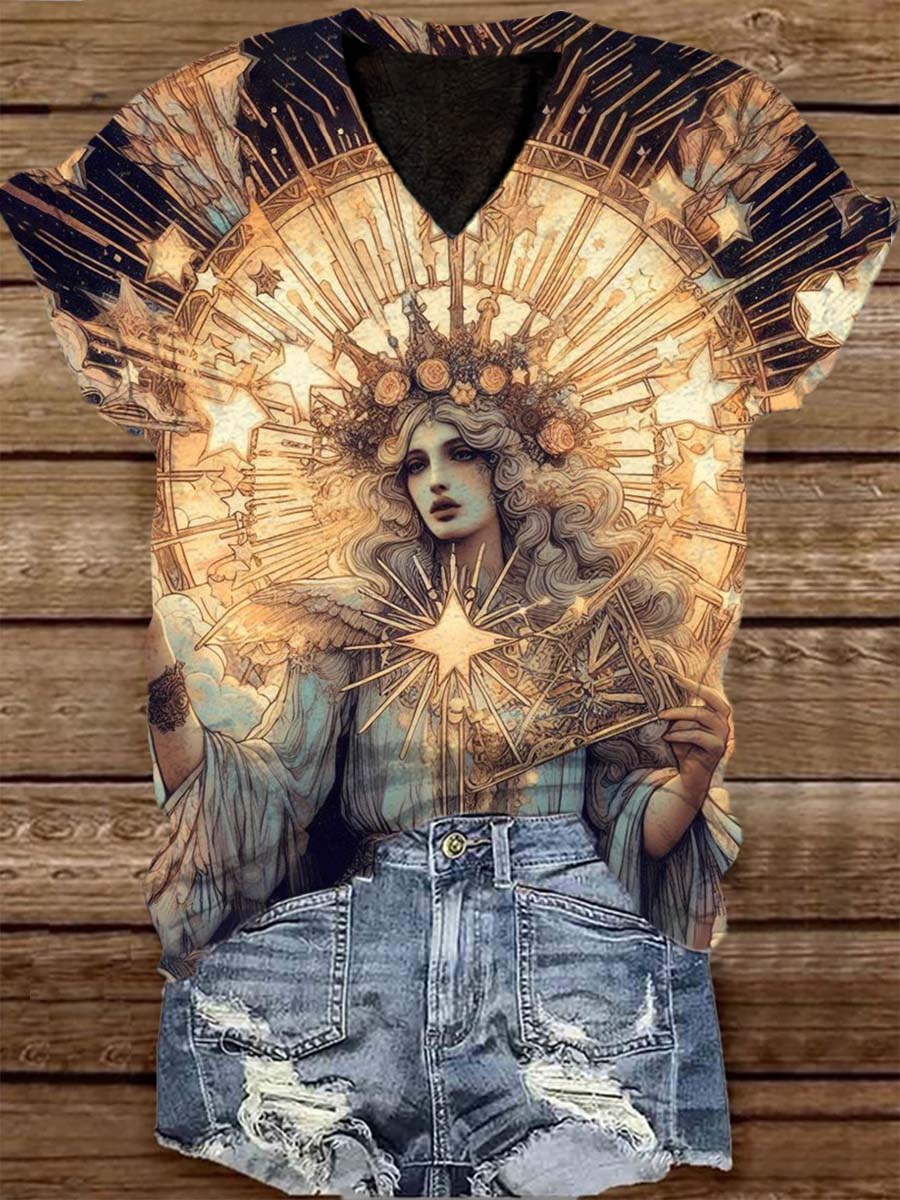 Unisex Goddess Wheel Of Fortune Tarot Card Pattern Casual Round Neck Short Sleeve T-shirt