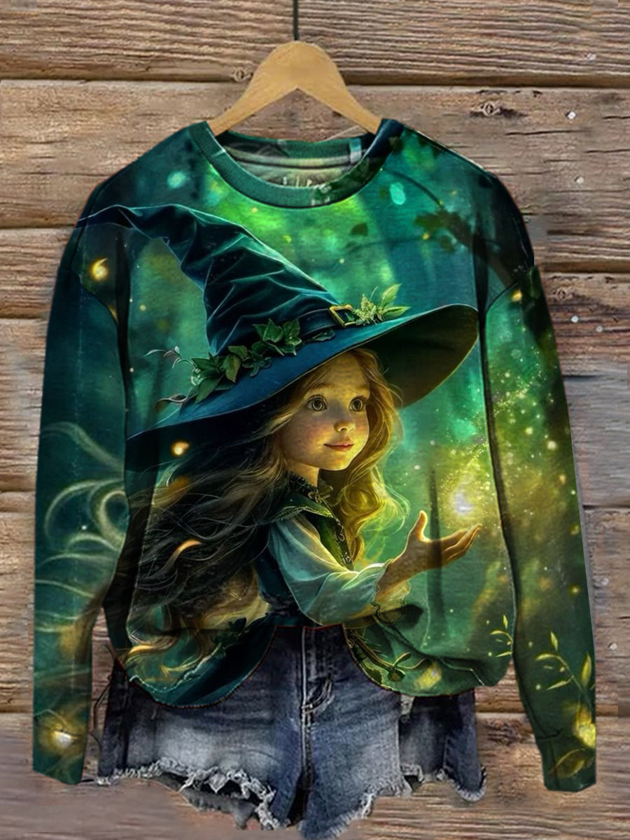 Retro Christmas Witch Art Print Casual Round Neck Sweatshirt