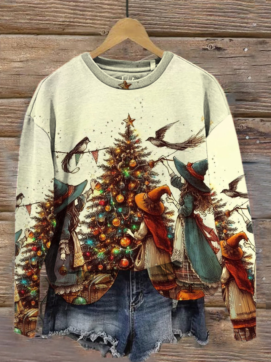 Fashionable And Elegant Christmas Witch Art Print Casual Round Neck Sweatshirt