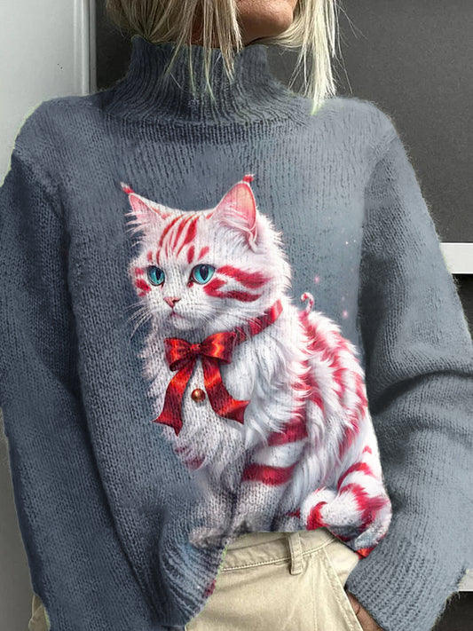 Women's Christmas Cat Pattern Warm Casual Turtleneck Sweater