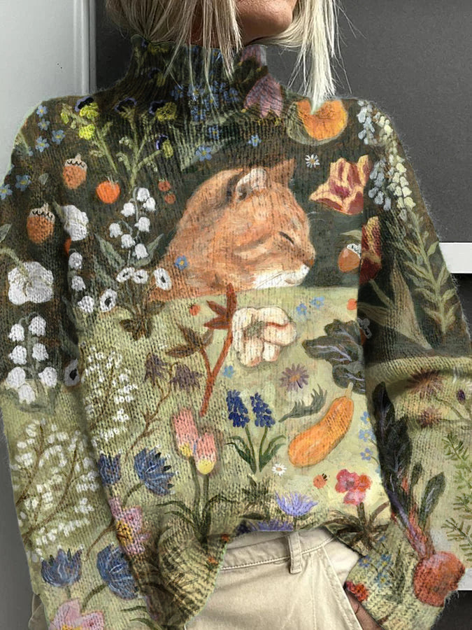 Women's Cat Flower Pattern Warm Casual Turtleneck Sweater