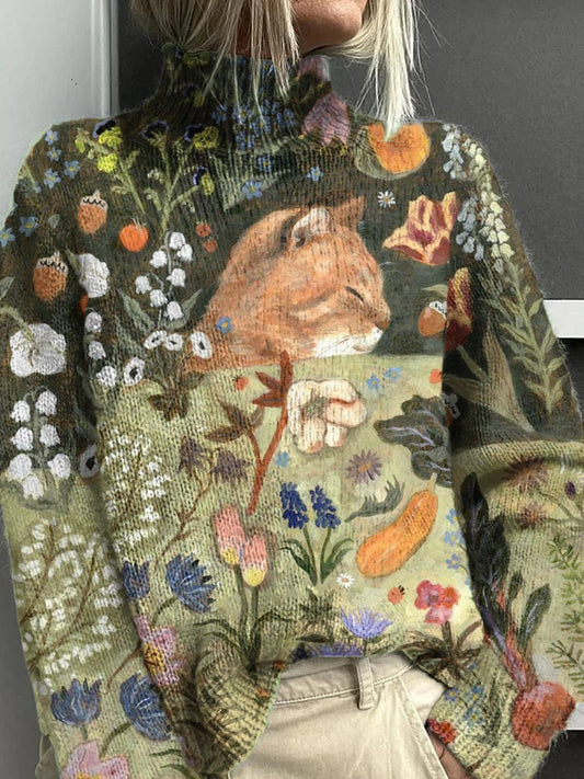 Women's Cat Flower Pattern Warm Casual Turtleneck Sweater