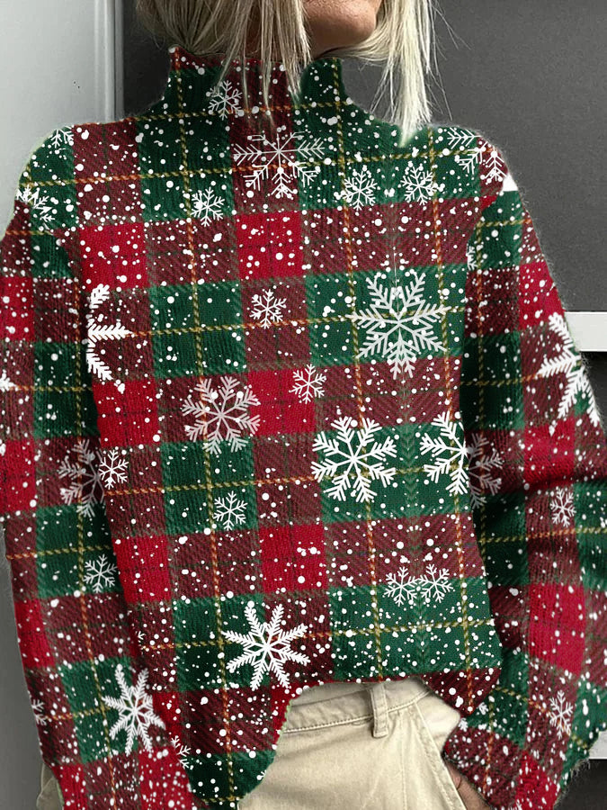 Women's Christmas Plaid Snowflake Pattern Warm Casual Turtleneck Sweater