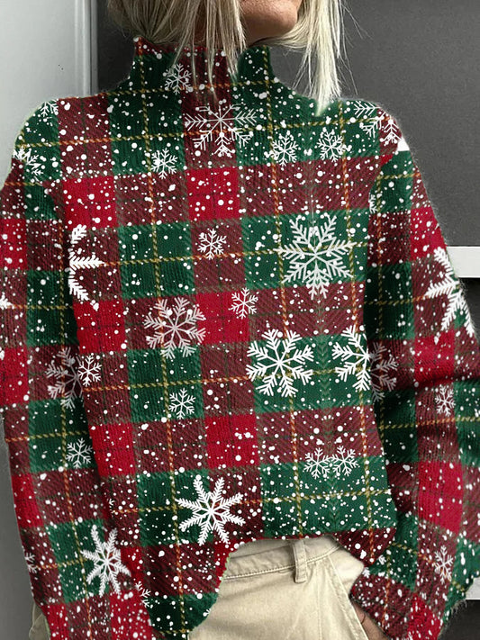 Women's Christmas Plaid Snowflake Pattern Warm Casual Turtleneck Sweater