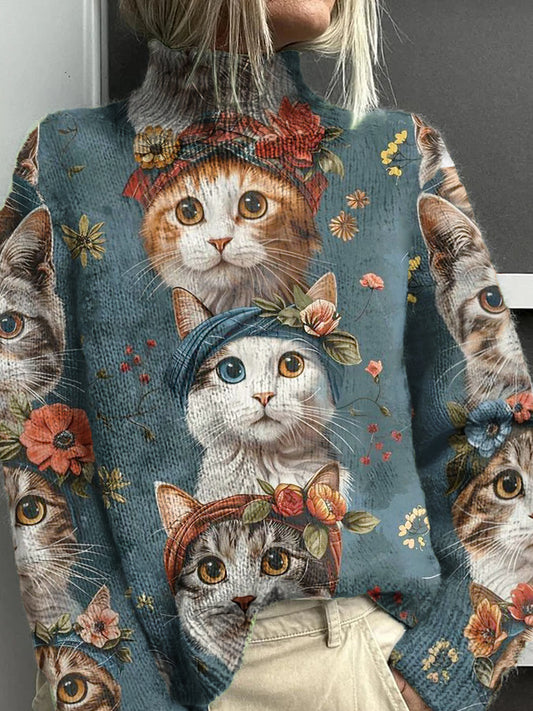 Women's Cat Flower Pattern Warm Casual Turtleneck Sweater