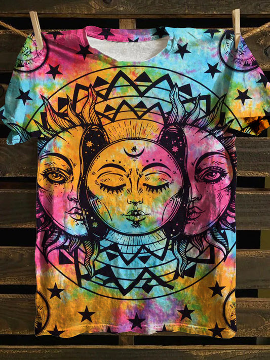 Unisex Tarot Card Religious Sun And Moon Pattern Casual Round Neck Short Sleeve T-Shirt