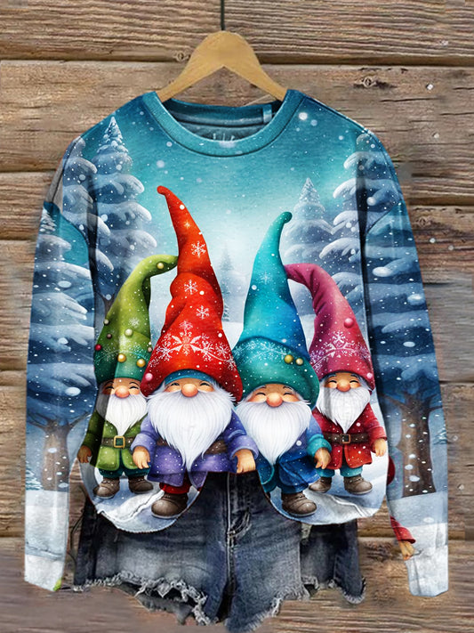 Vintage Christmas Art Print Casual Round Neck Sweatshirt