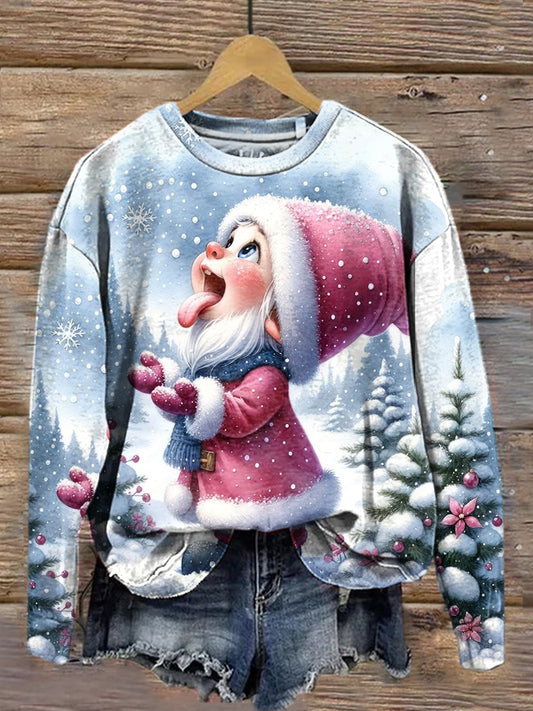 Vintage Christmas Art Print Casual Round Neck Sweatshirt