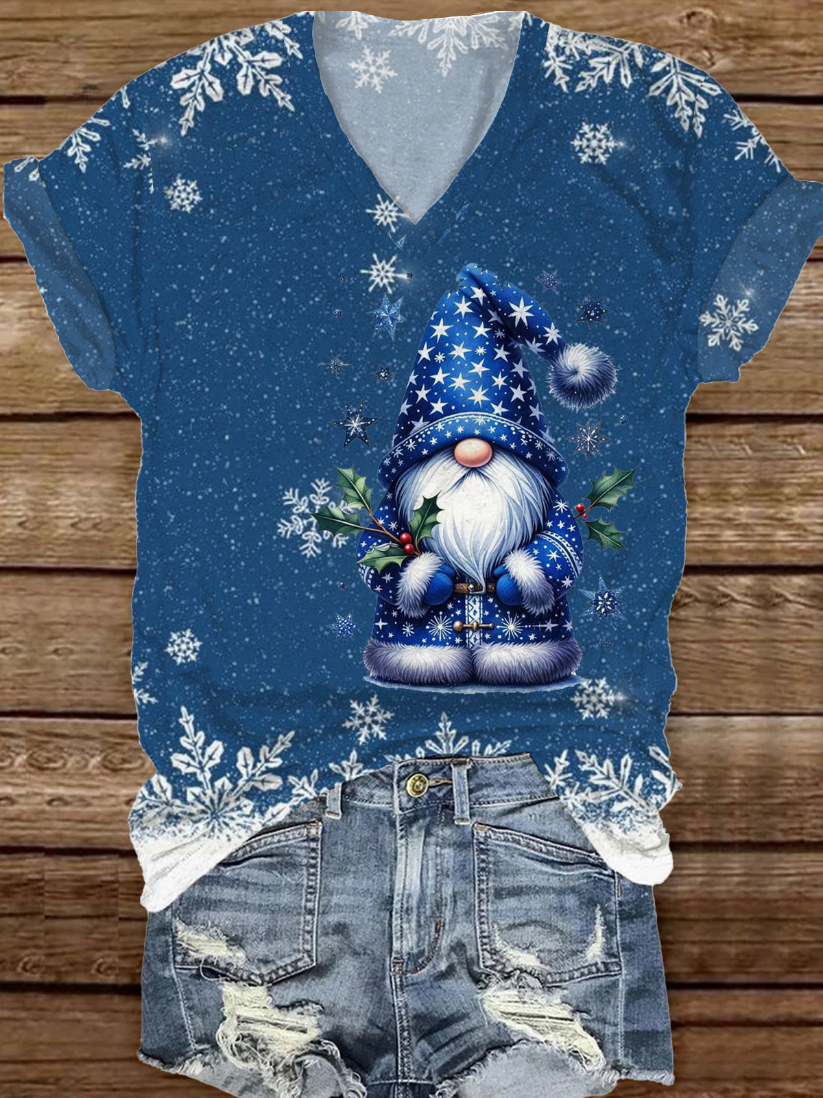 Fashionable Elegant Christmas Art Print V-Neck Short Sleeve T-Shirt