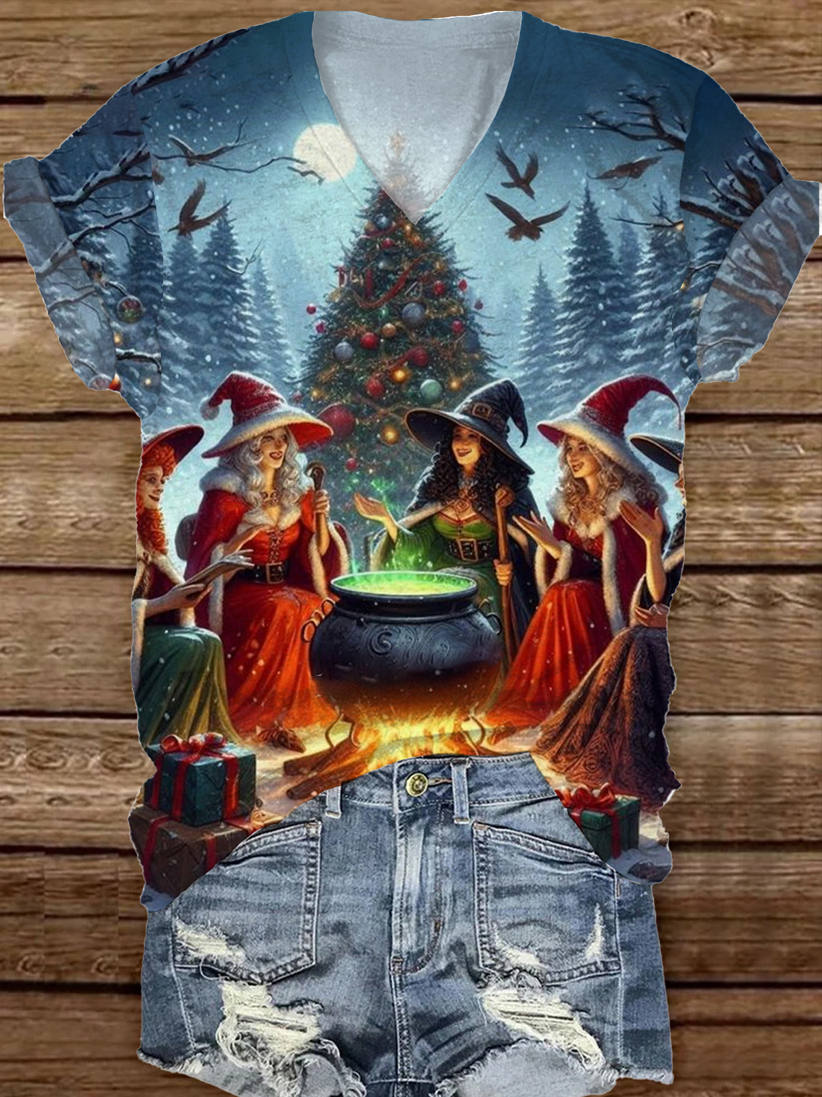 Fashionable Elegant Christmas Witch Art Print V-Neck Short Sleeve T-Shirt