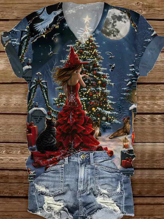 Fashionable Elegant Christmas Witch Art Print V-Neck Short Sleeve T-Shirt