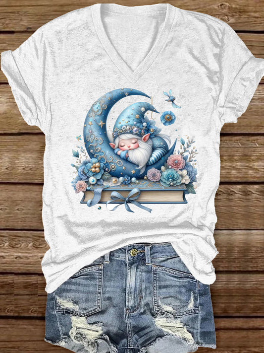 Fashionable Elegant Christmas Art Print V-Neck Short Sleeve T-Shirt