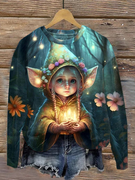 Women's Stylish And Elegant Art Elf Print Round Neck Sweatshirt