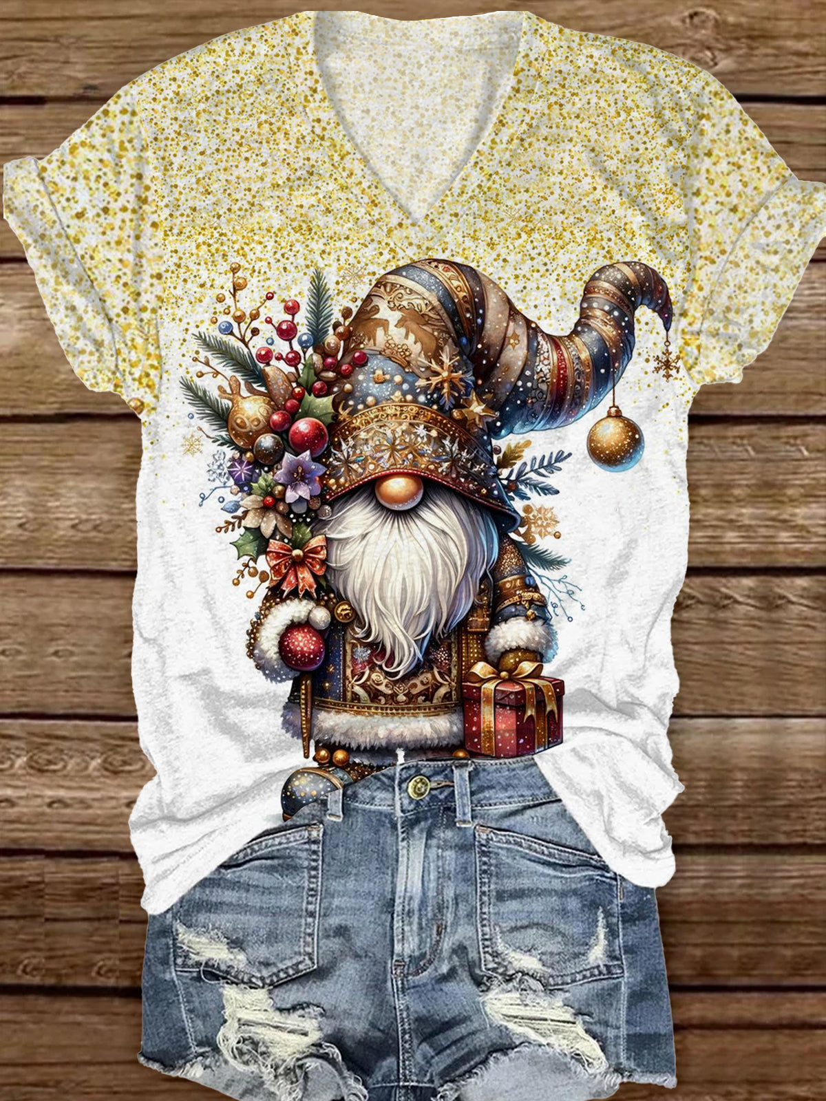 Fashionable Elegant Christmas Art Print V-Neck Short Sleeve T-Shirt