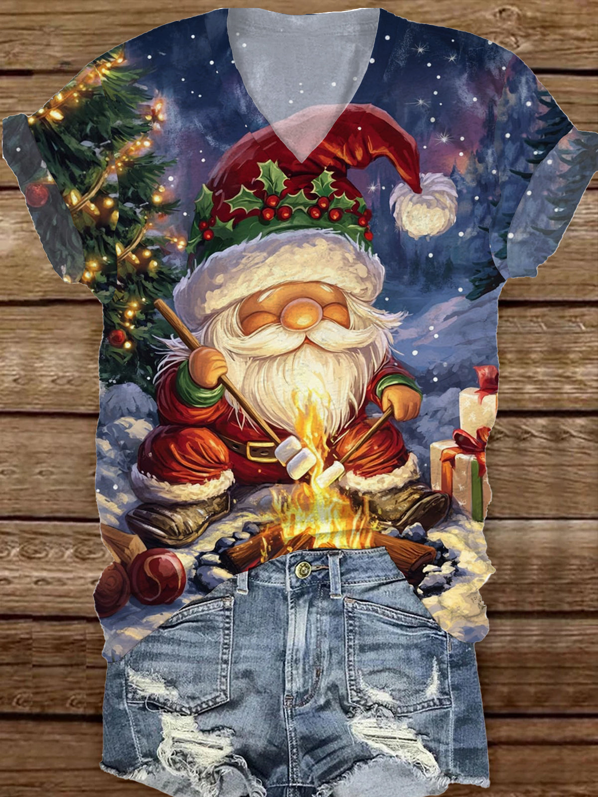 Fashionable Elegant Christmas Art Print V-Neck Short Sleeve T-Shirt