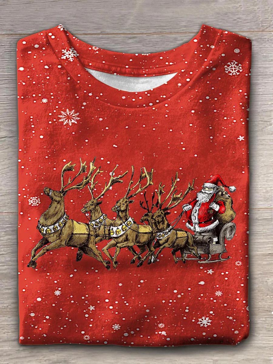 Unisex Santa Claus Carriage Pattern Casual Round Neck Short Sleeve T-shirt