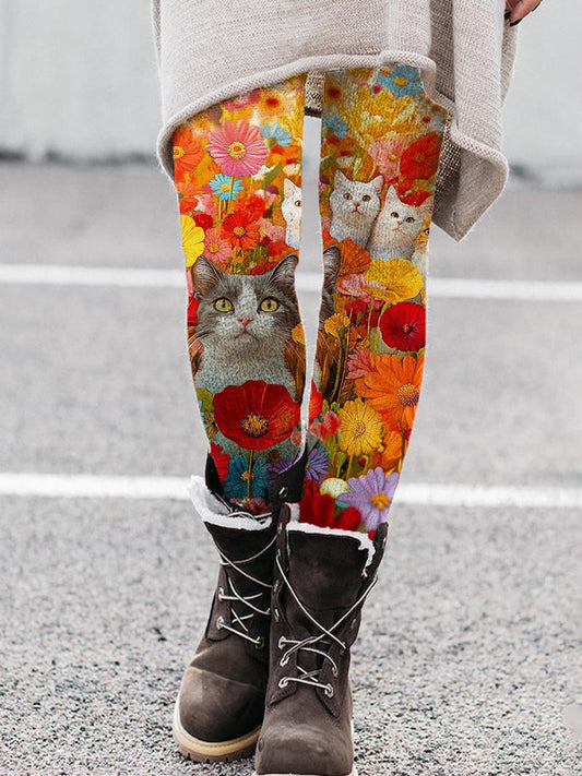 Women's Cat Floral Plush Casual High Waist Leggings