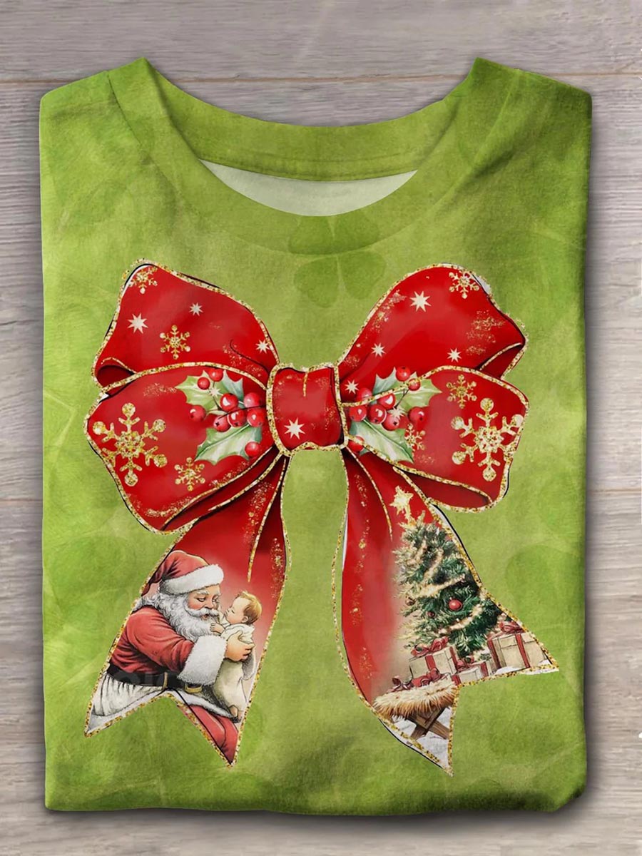 Unisex Christmas Bow Pattern Casual Round Neck Short Sleeve T-Shirt