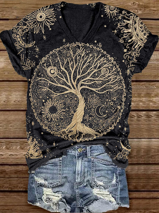 Unisex Tarot Tree of Life Pattern Casual V-Neck Short Sleeve T-Shirt