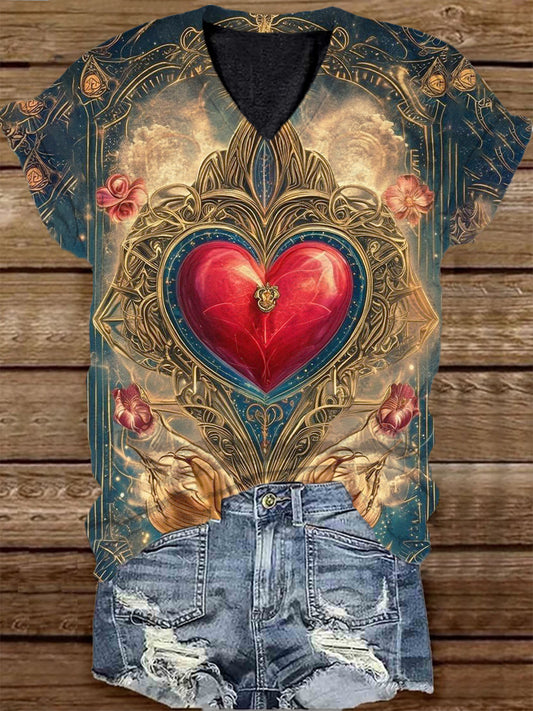 Unisex Tarot Card Heart Pattern Casual V-Neck Short Sleeve T-Shirt