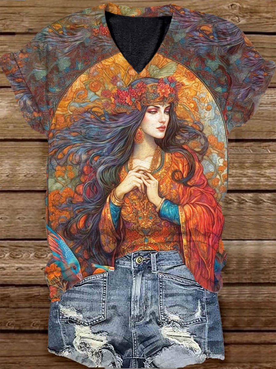 Unisex Tarot Card Divination Goddess Pattern Casual V-Neck Short Sleeve T-Shirt