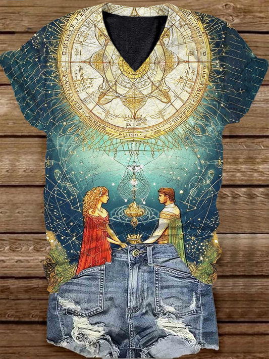 Unisex Tarot Card Divination Astrolabe Pattern Casual V-Neck Short Sleeve T-Shirt