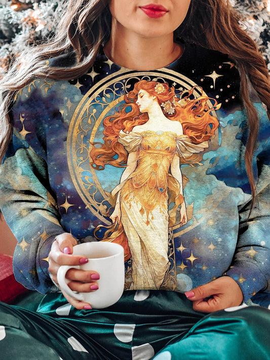 Women's Tarot Moon Goddess Pattern Casual Crew Neck Sweatshirt