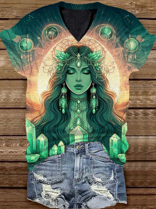 Unisex Tarot Card Divination Goddess Pattern Casual V-Neck Short Sleeve T-Shirt