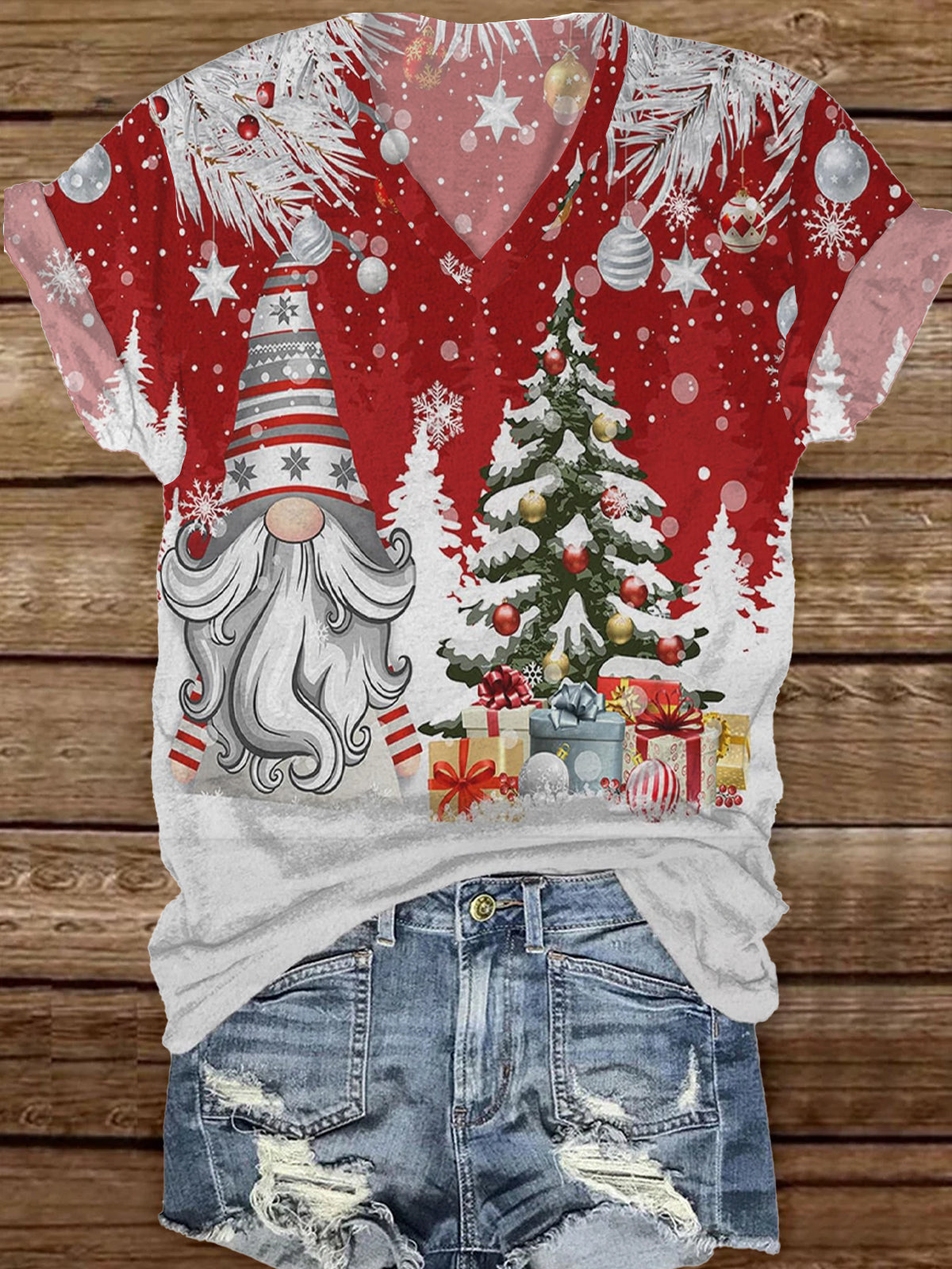 Fashionable And Elegant Christmas Art Print V-Neck Short-Sleeved T-Shirt