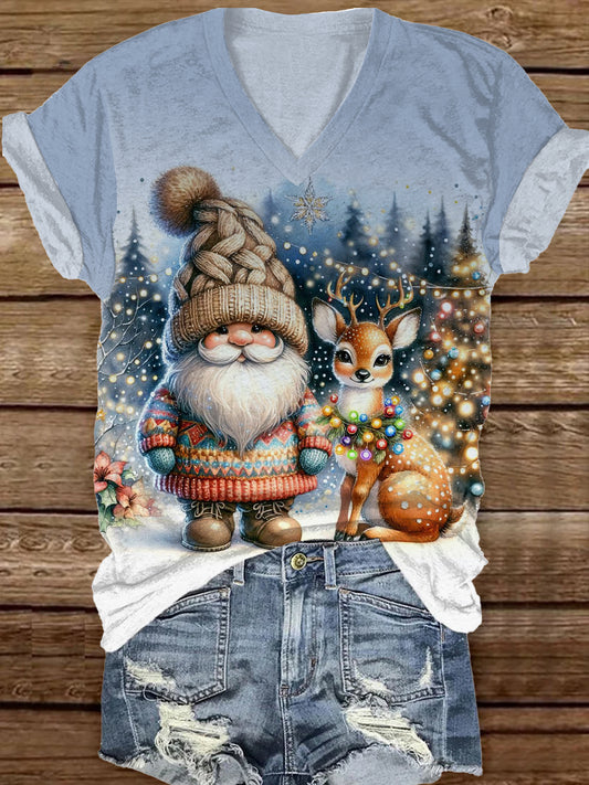 Fashionable And Elegant Christmas Gradient Art Print V-Neck Short-Sleeved T-Shirt