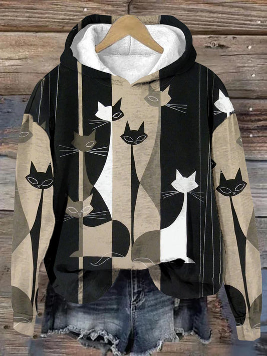 Unisex Geometric Cat Pattern Casual Hooded Sweatshirt