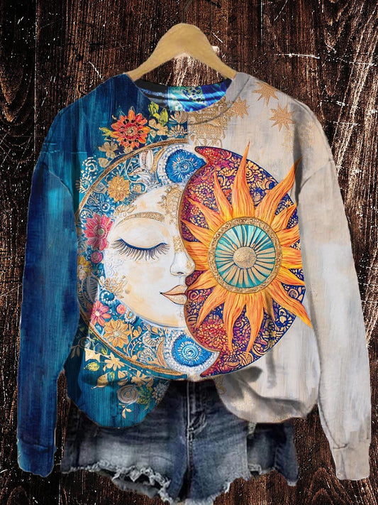 Unisex Tarot Card Sun and Moon Pattern Casual Round Neck Sweatshirt