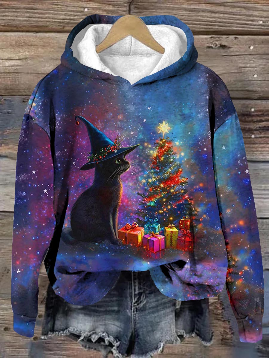 Unisex Christmas Cat Pattern Casual Hooded Sweatshirt