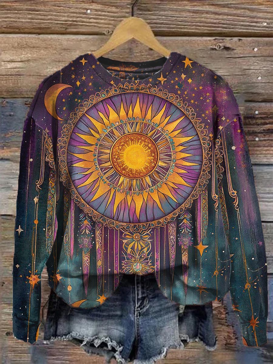 Unisex Tarot Card Sun Pattern Casual Round Neck Sweatshirt