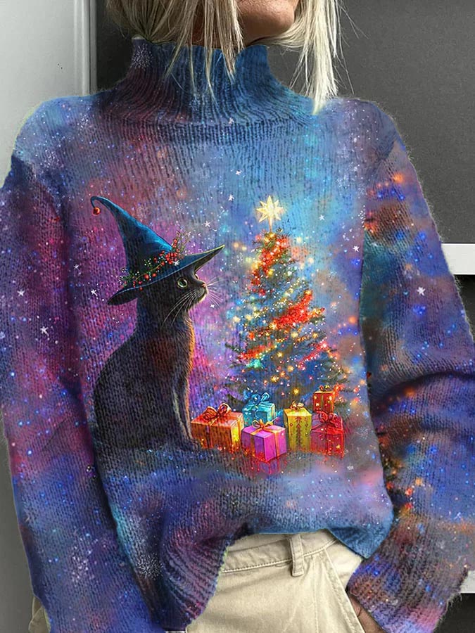 Unisex Christmas Cat Pattern Casual Warm Turtleneck Sweater