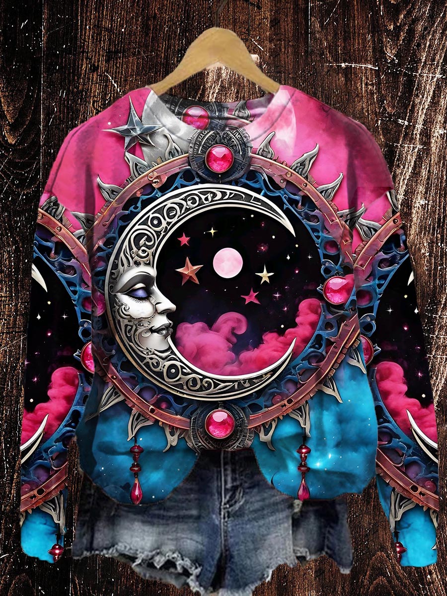 Unisex Tarot Card Astrology Moon Pattern Casual Round Neck Sweatshirt