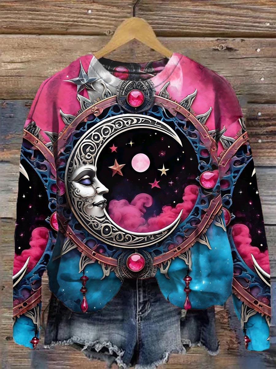 Unisex Tarot Card Astrology Moon Pattern Casual Round Neck Sweatshirt