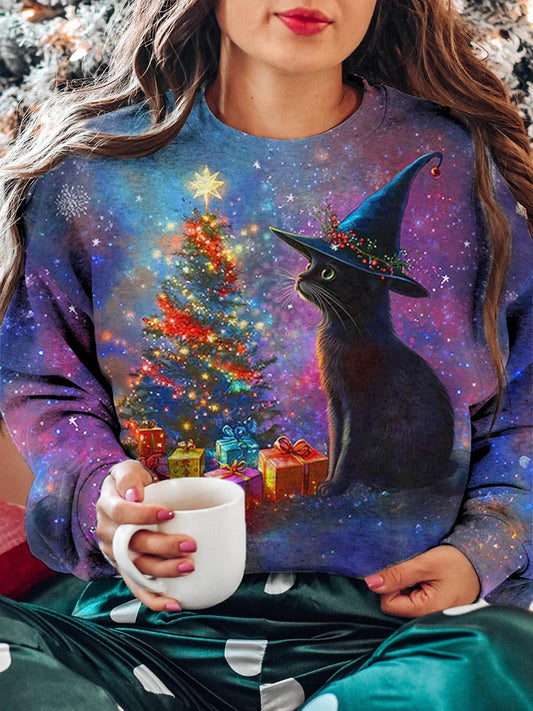 Unisex Christmas Cat Pattern Casual Crew Neck Sweatshirt