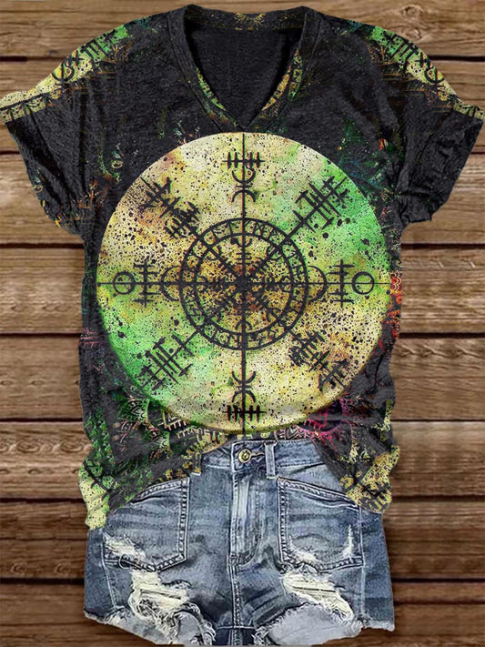 Unisex Tarot Card Wheel Of Fortune Pattern Casual V-Neck Short Short Sleeve T-Shirt