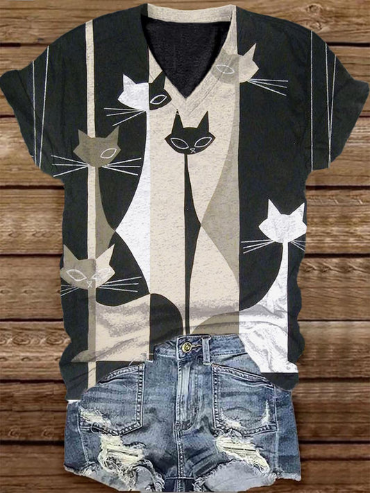 Unisex Geometric Cat Pattern Casual V-Neck Short Sleeve T-Shirt