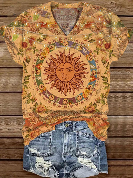 Unisex Tarot Card Sun And Moon Pattern Casual V-Neck Short Sleeve T-Shirt