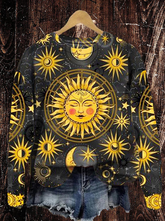 Unisex Tarot Card Sun and Moon Pattern Casual Round Neck Sweatshirt