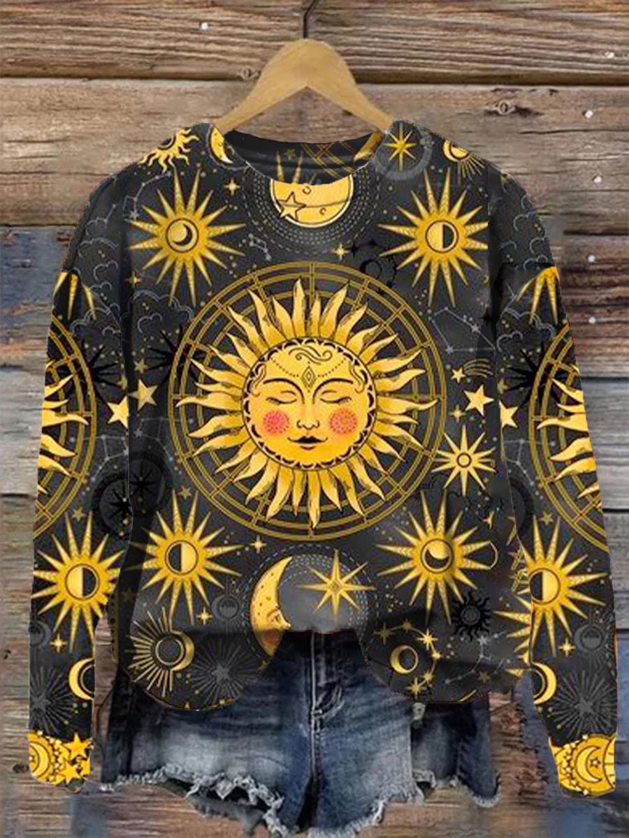 Unisex Tarot Card Sun and Moon Pattern Casual Round Neck Sweatshirt