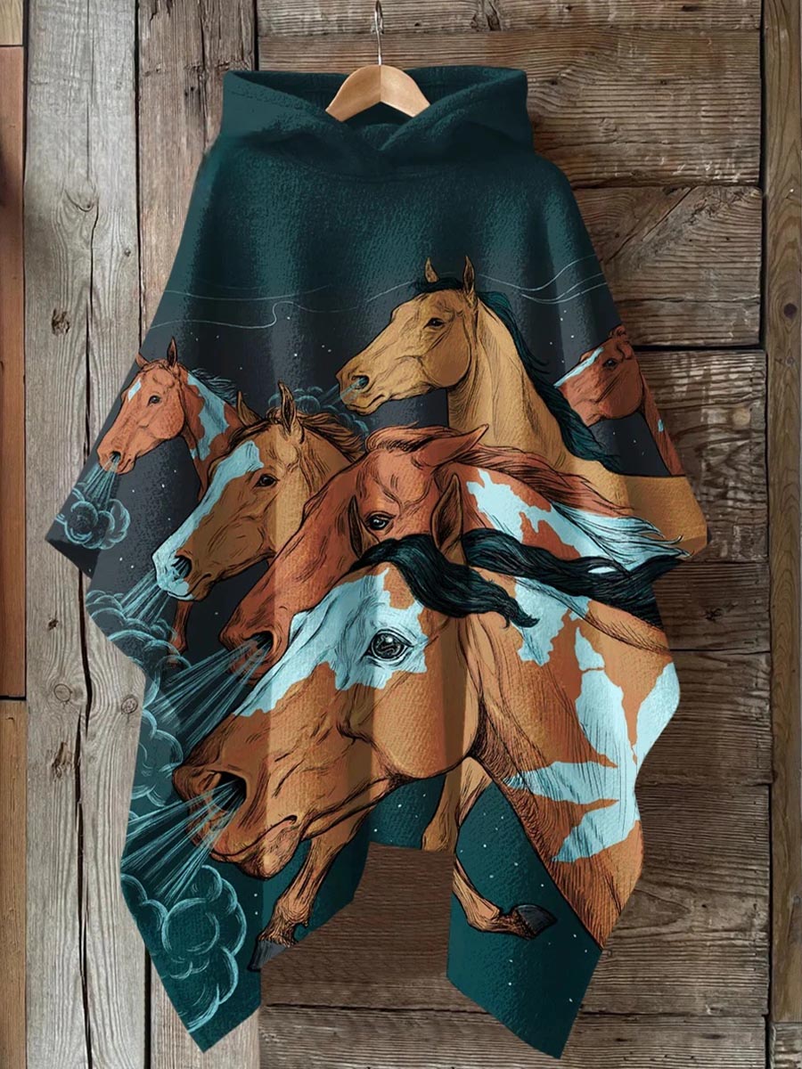 Unisex Horse Animal Pattern Casual Hooded Shawl