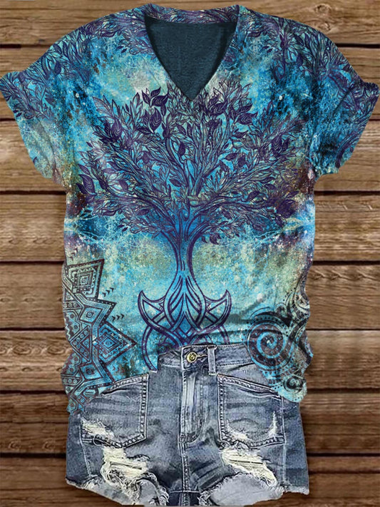 Unisex Tarot Tree Of Life Pattern Casual V-Neck Short Sleeve T-Shirt