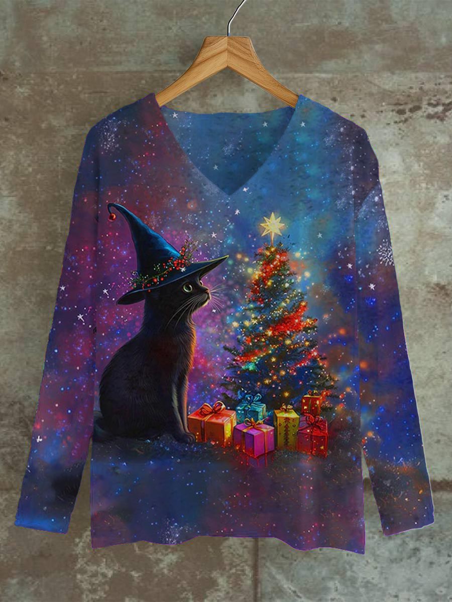 Unisex Christmas Cat Pattern Casual Round Neck Long Sleeve T-shirt