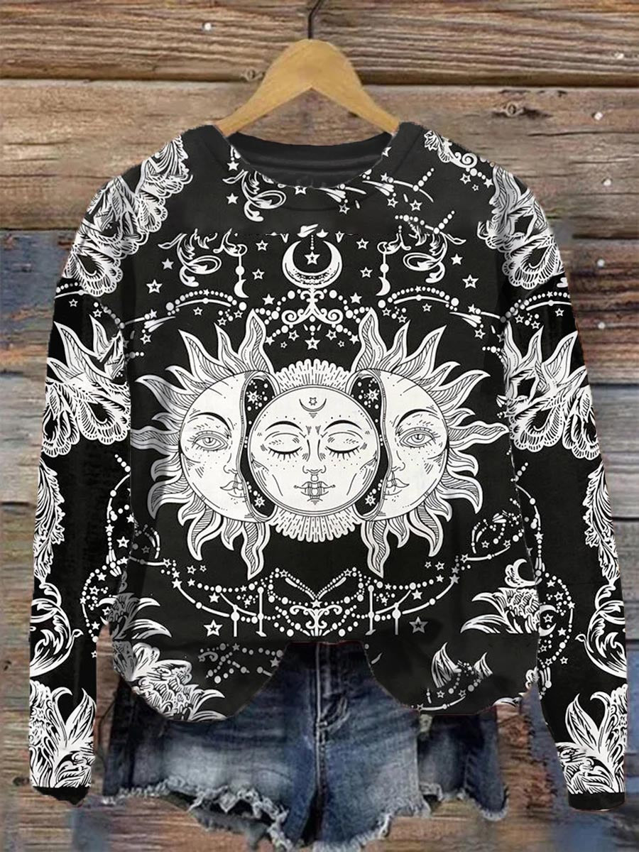 Unisex Tarot Card Sun and Moon Pattern Casual Round Neck Sweatshirt