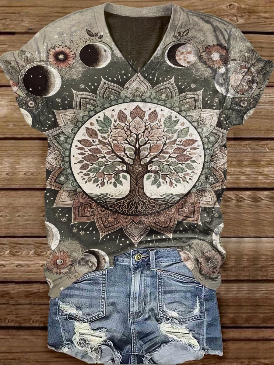 Unisex Tarot Tree Of Life Pattern Casual V-Neck Short Sleeve T-Shirt