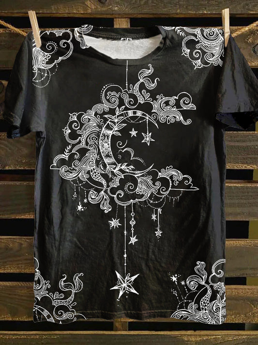 Unisex Tarot Card Moon Pattern Casual Round Neck Short Sleeves T-Shirt